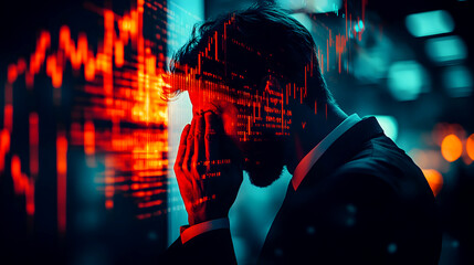 Double Exposure Businessman Shows Stress with Transparent Overlay of Stock Market Graph in Red