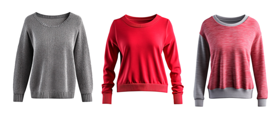 Collection of cozy women’s sweaters in grey and red tones.