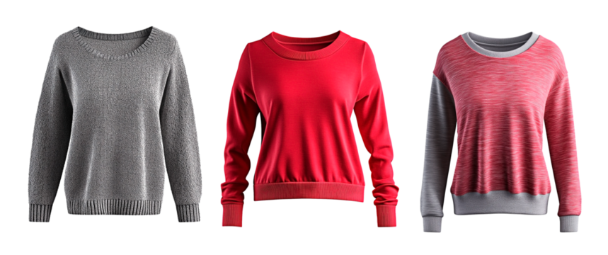 Collection of cozy women’s sweaters in grey and red tones.