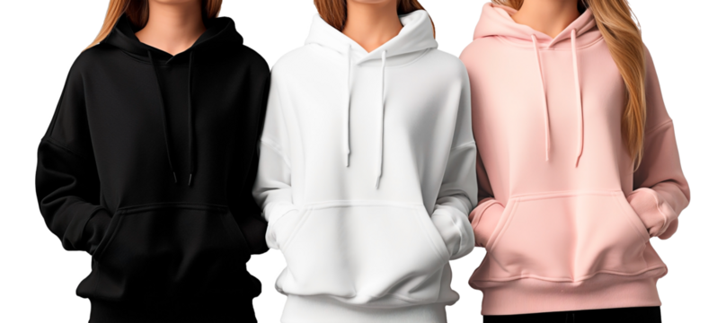 Torso only of women wearing blank unbranded black, white and pastel pink hoodies isolated on transparent background. Element for casual clothing mockup. 