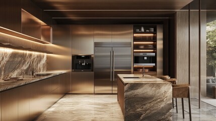 Fototapeta premium A modern kitchen filled with various materials, including marble countertops and stainless-steel appliances.