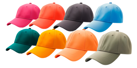 Collection of colorful caps in vibrant tones arranged neatly. Unbranded caps with space for your print or design.