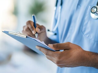 Close-up of a male doctor writing on clipboard. Healthcare and medical concept.