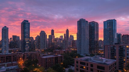 Obraz premium A panoramic skyline view at sunrise, with soft pink and orange hues illuminating the buildings and sky