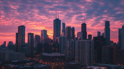 A panoramic skyline view at sunrise, with soft pink and orange hues illuminating the buildings and sky