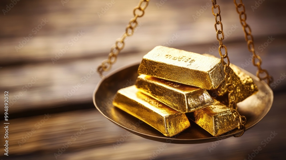 Poster a small stack of gold ingots resting on a balance scale, symbolizing value and trade.