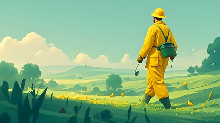Fototapeta premium A Farmer Walks Through Lush Green Fields with a Tool and Backpack on a Clear Day