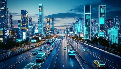 Obraz premium Smart City Visualization at Dusk with Neon Lights and Automated Vehicles