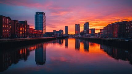 Fototapeta premium A stunning sunset view over a waterfront skyline, highlighting buildings reflected in the water as day turns to night.