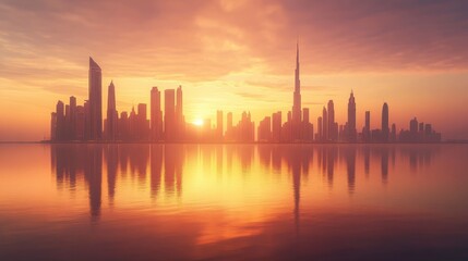 Fototapeta premium A tranquil skyline captured during the golden hour, with warm light bathing the buildings in a soft glow