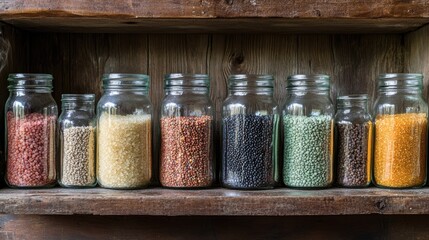 A variety of colorful grains in clear glass jars, labeled and displayed on a rustic wooden shelf.