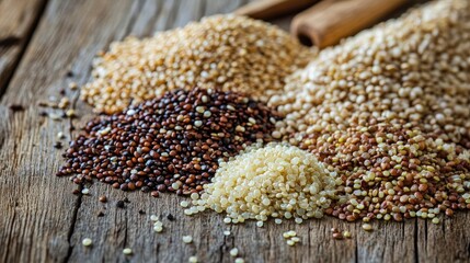 A variety of whole grains scattered on a wooden table, including bulgur, quinoa, and brown rice.