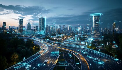 Obraz premium Smart City Visualization at Dusk with Neon Lights and Automated Vehicles