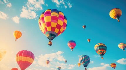 A vibrant scene of colorful hot air balloons rising into the sky during a festival, celebrating the joy of flying