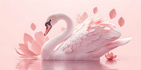 Elegant Pink Swan Glides on Calm Water with Delicate Flowers in Background