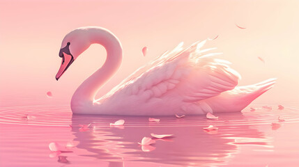 Fototapeta premium A Serene Swan Glides on Tranquil Pink Water with Floating Petals
