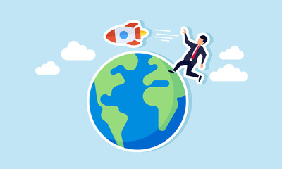 A businessman chasing a rocket soaring around the Earth, an illustration of closing the gap between conventional businesses and startups.