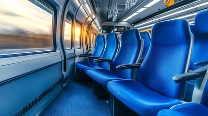 Empty Seats in a Train Car with a View of the Sunset