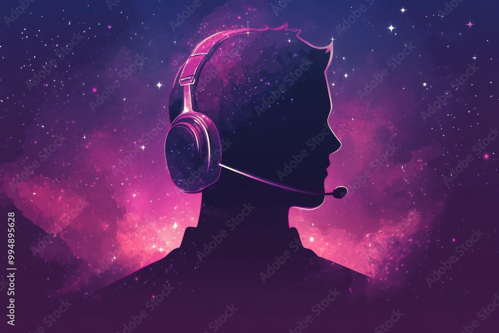 Poster Silhouette of a man in a headset against a cosmic background symbolizing tech driven communication virtual interaction and futuristic digital landscapes