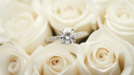 An engagement ring resting on a bouquet of white roses, symbolizing romance and commitment.