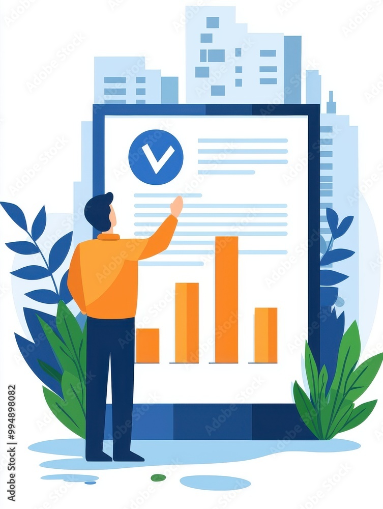 Poster a person analyzes a data report with bar graphs, standing in front of a large presentation board ami