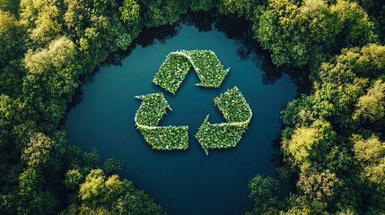 Aerial view of a green forest with a lake and the recycling symbol made from leaves