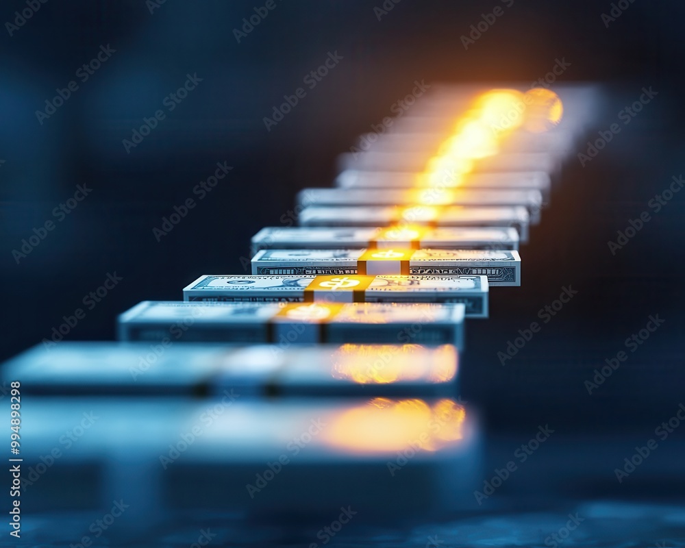 Poster a visually striking image featuring a line of banknotes with a glowing effect, creating a mesmerizin