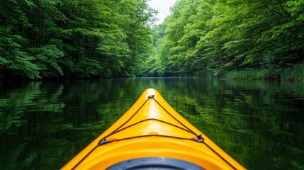 Fototapeta premium A kayak glides through tranquil waters surrounded by lush green trees, inviting adventure and relaxation in nature.