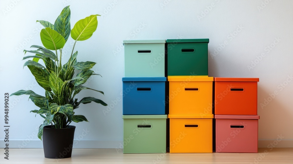 Poster colorful storage boxes arranged in a neat stack, standing in front of a clean, minimalist wall.