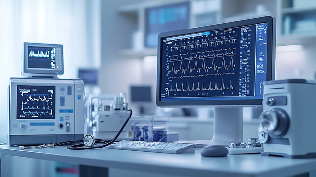 High-tech cardiologist workspace with ecg machine and heart rate graphs displayed