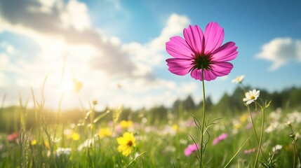 Fototapeta premium A vibrant cosmos flower stands tall in a sunlit field, surrounded by lush grass and wildflowers.