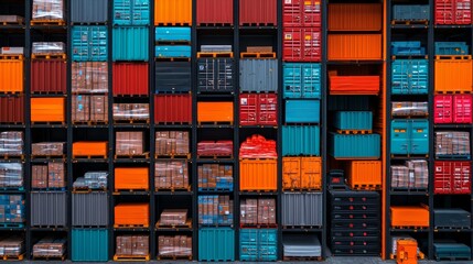 Obraz premium Colorful stacked shipping containers create a vibrant mosaic, showcasing organized logistics and industrial efficiency.