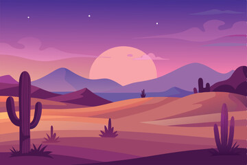 A tranquil desert scene at dusk with a soft purple and pink sky.