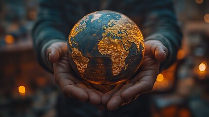 Fototapeta premium A finance businessman holds the world in his hand, highlighting North America on the globe map for business strategy.