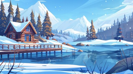 Fototapeta premium Mountain Snowy Landscape with Trees, Pond, House, and Deck: Cartoon Vector Illustration of a Cozy Timber Cottage