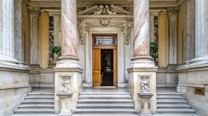 Fototapeta premium Grand marble entrance to a historical building, with ornate pillars and carved stone details.