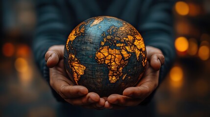 Fototapeta premium A finance businessman holds the world in his hands, pointing to Alaska and the Bering Strait on a globe map, focusing on business strategy.