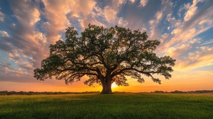Obraz premium Grand old oak tree in a sprawling field, standing tall against a dramatic sunset sky.