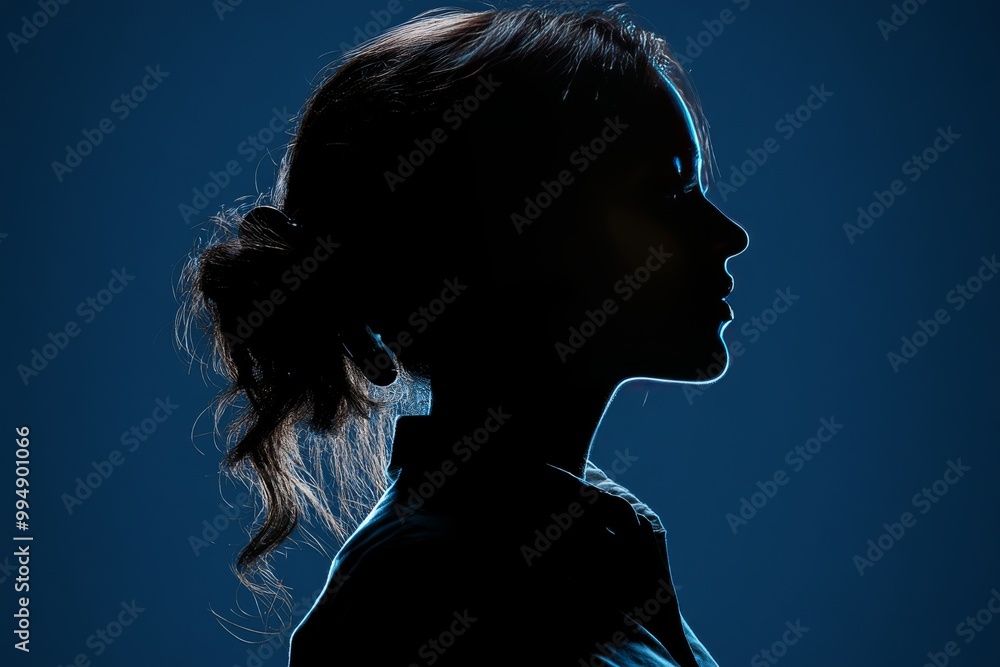 Poster silhouette of a woman in profile gazing forward surrounded by blue lighting symbolizing focus sereni