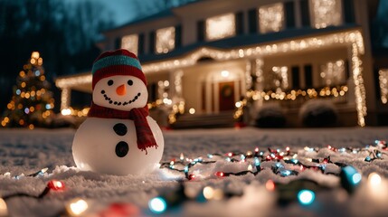 Obraz premium of a snowman in the front of an american mansion decorated with many colorful lights garlands with light decorations in front of the house, with Christmas lights 