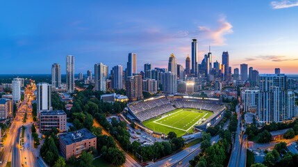 Obraz premium A vibrant city skyline at sunset, showcasing a packed sports stadium surrounded by urban architecture and greenery.