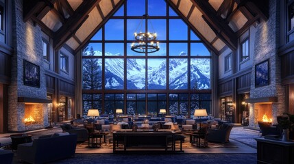Fototapeta premium Grand ski lodge with large windows overlooking snow-covered mountains and cozy fireplaces inside.