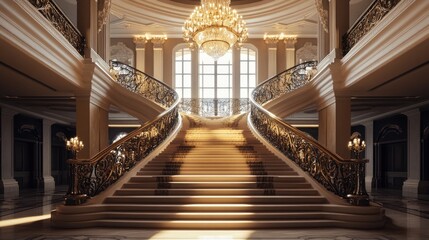 Obraz premium Grand staircase with ornate railings in a luxurious hotel lobby, illuminated by a grand chandelier.