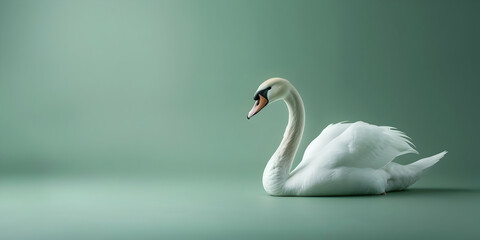 Fototapeta premium Elegant White Swan Poses Gracefully on a Serene Green Background