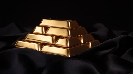Large stack of polished gold bars, resting on a black velvet cloth, with reflections highlighting their value.