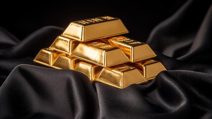 Large stack of polished gold bars, resting on a black velvet cloth, with reflections highlighting their value.