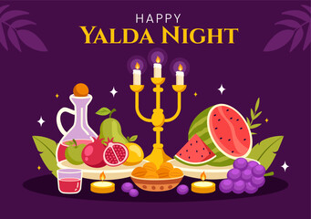 Happy Yalda Night Vector Illustration of an Iranian Festival, featuring a Watermelon Slice, Pomegranate, Candles, and Lemon in a Flat Background