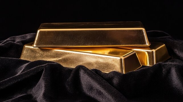 Large stack of polished gold bars, resting on a black velvet cloth, with reflections highlighting their value.