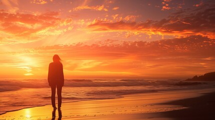 Sunset Beach Walk with Silhouette of Person Against Vibrant Sunset Sky - Tranquil and Serene Coastal Scene