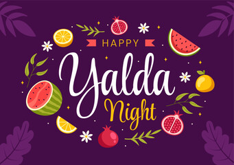 Happy Yalda Night Vector Illustration of an Iranian Festival, featuring a Watermelon Slice, Pomegranate, Candles, and Lemon in a Flat Background